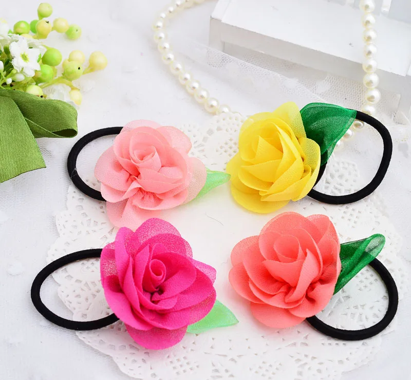Lovely children hair rope, high grade chiffon and colorful flowers hair