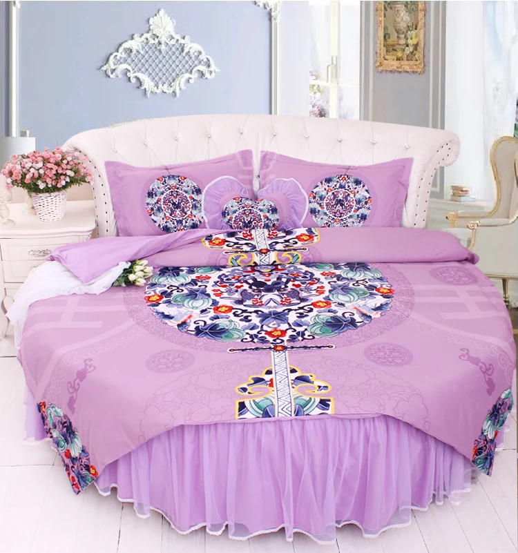 Best LACE ROUND Corner Bed Europe Orange color Flower Bedding sets Cotton Round Double Bed sheet Duvet cover Pillow case Bedskirt 32