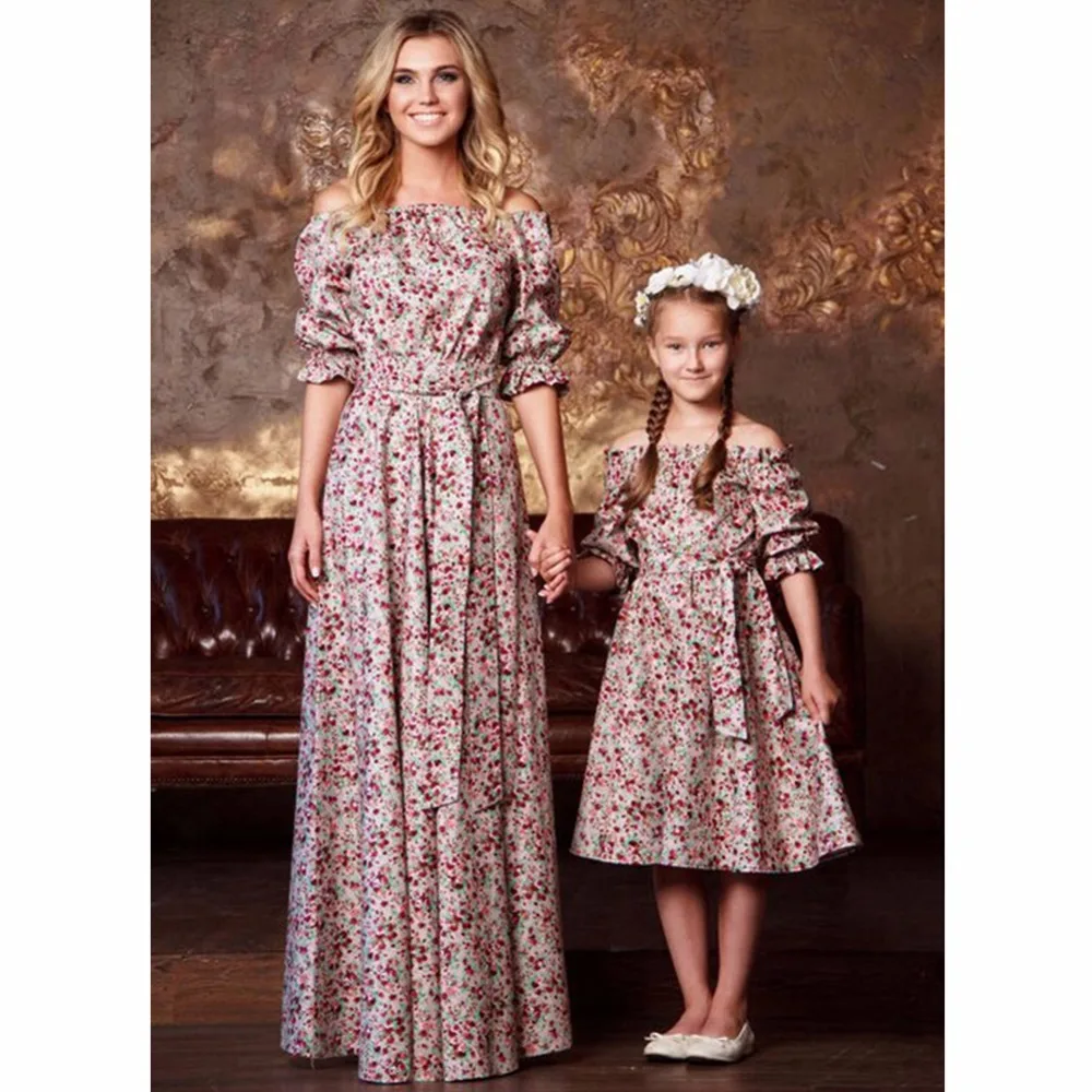 

2018 Mother and Daughter Cloth Parent-child Vintage Dress Family Matching Flower Outfit Long Lantern Sleeve Autumn Dress