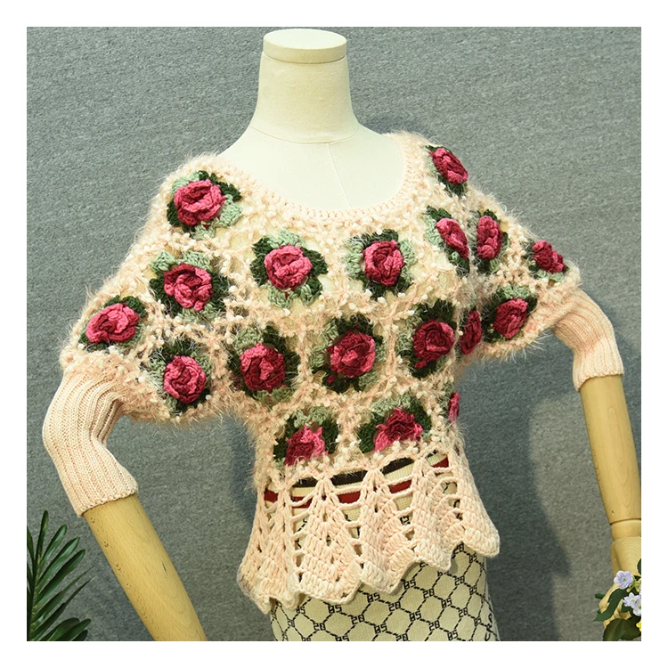 20119, короткий рукав, 3D цветок розы, мохер, свитера для женщин, выдалбливают, вязанные, Свитера для девушек, короткий рукав, цветочный свитер