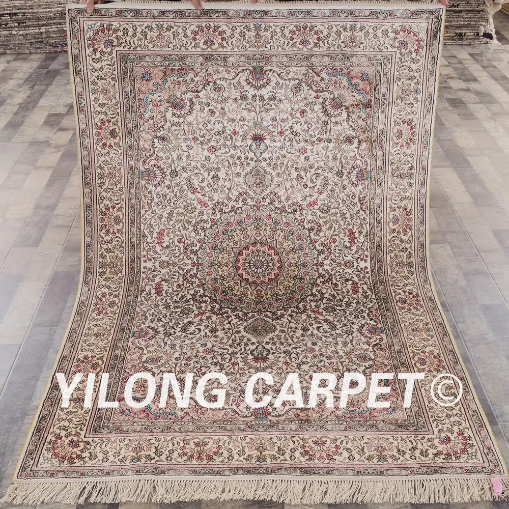 

YILONG 4'x6' Tabriz silk carpet vantage antique beige handmade silk rugs for sale (RSL047A4x6)