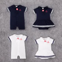 Одежда для малышей детский комбинезон в морском стиле для мальчиков и девочек, Хлопковое платье с короткими рукавами и рисунком якоря