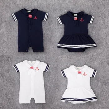 

Baby clothes boy treasure girl treasure Navy romper cotton boat anchor short sleeved dress