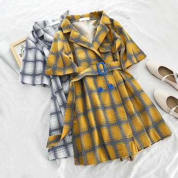 

V-neck short sleeve plaid women playsuit Elegant casual streetwear summer jumpsuit romper Sash belt ladies overalls 2019