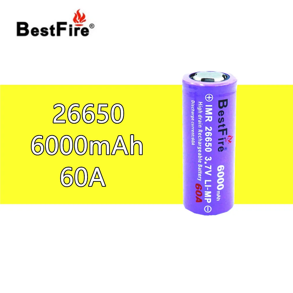 1 шт. BESTFIRE IMR 26650 6000 мАч 60A литий ионный аккумулятор с плоским верхом для