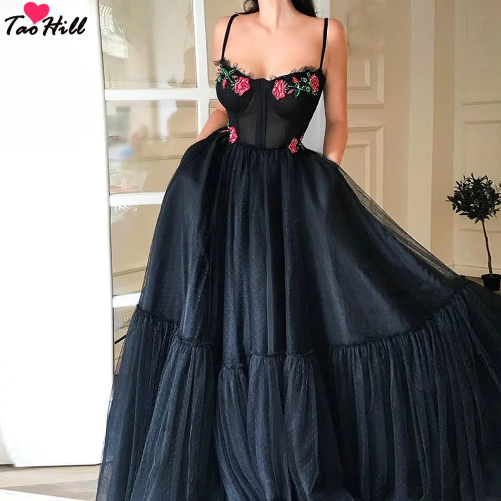 

TaoHill Dresses for Girls A-line Spaghetti V-neck Flower Applique Dot Net with Pocket Black Evening Prom Gown