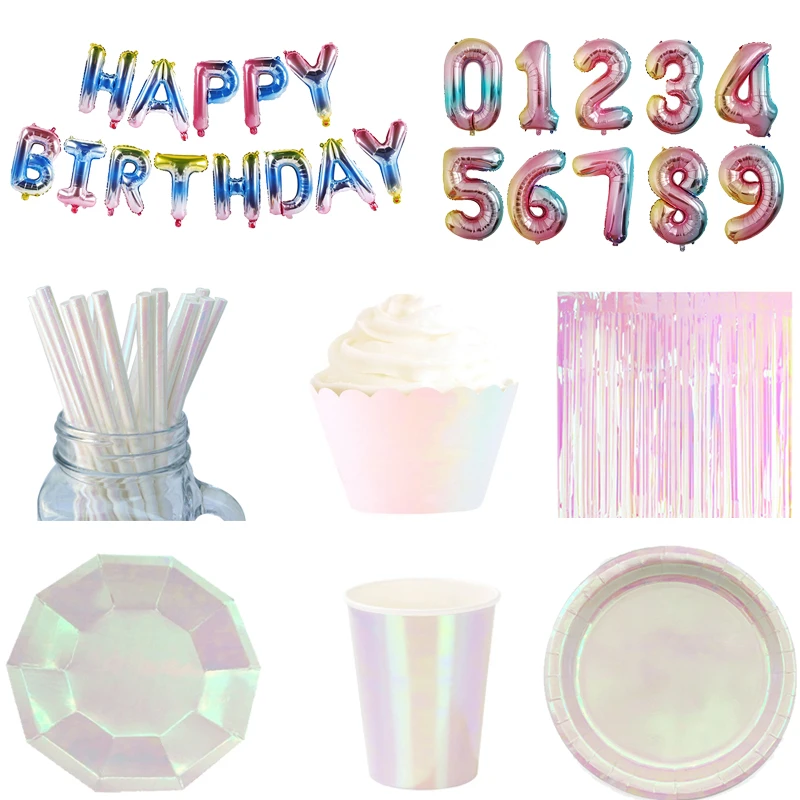 

Iridescent Party Supplies Metallic Dessert Plates Paper Cups Cupcake Wrapper Curtains Tassels for Mermaid/Unicorn Birthday Party