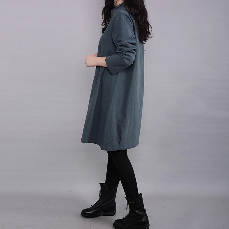 Cotton Linen Women's Long Sleeve Dress Ladies Solid Casual Loose Party Dress New