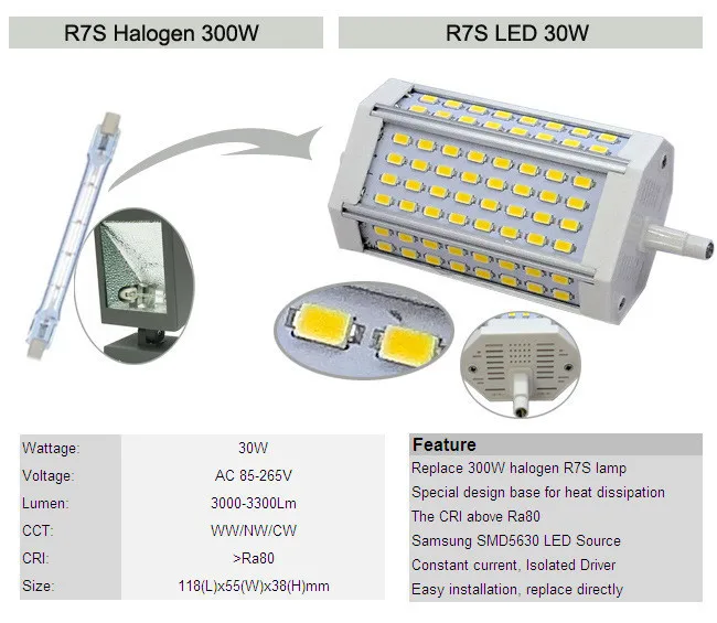 Высокая мощность 30 Вт 118 мм светодиодный R7S свет без охлаждающий вентилятор 64 шт. samsung 5630 SMD J118 R7s лампа AC85-265V