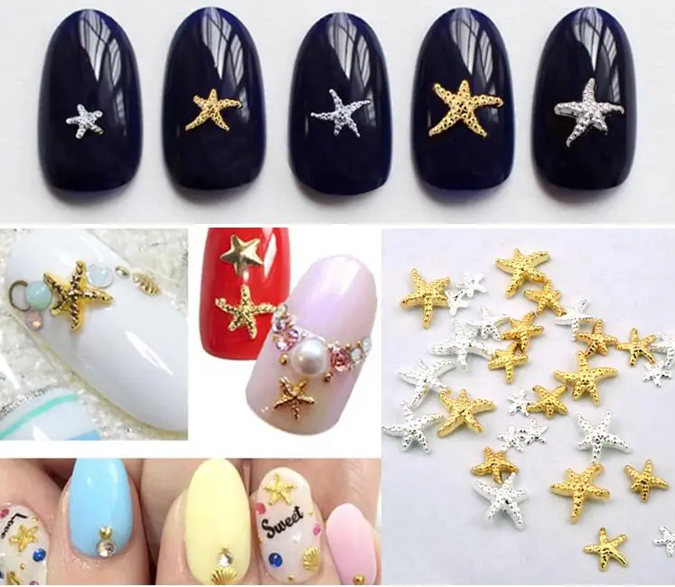 

Wholesale 2Colors (gold&Silver )Summer sea 100pcs/pack 3d Gold Silver 3mm 5mm Alloy Starfish Design Nail Rhinestone Studs