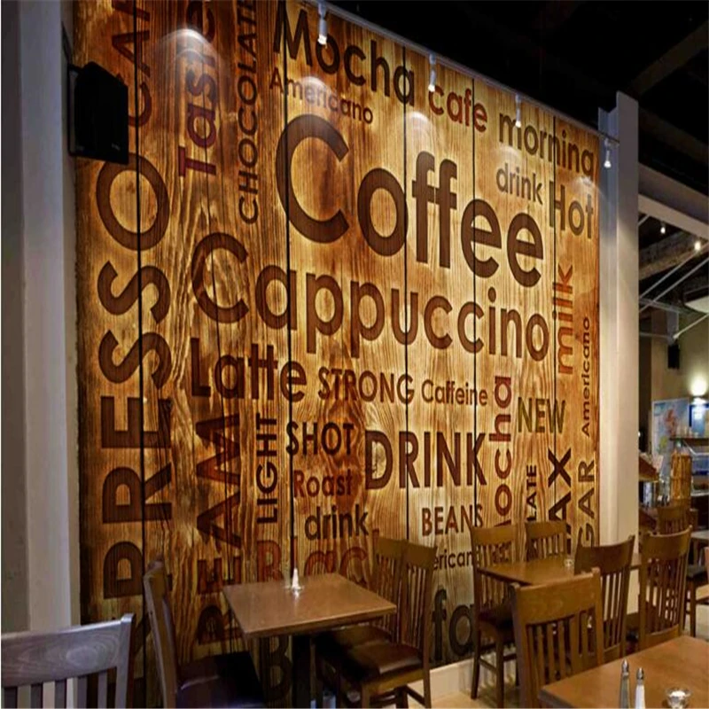Beibehang Пользовательские нетканых материалов обои Кофе магазин английский письмо деревянных кафе росписи фоне стены живопись