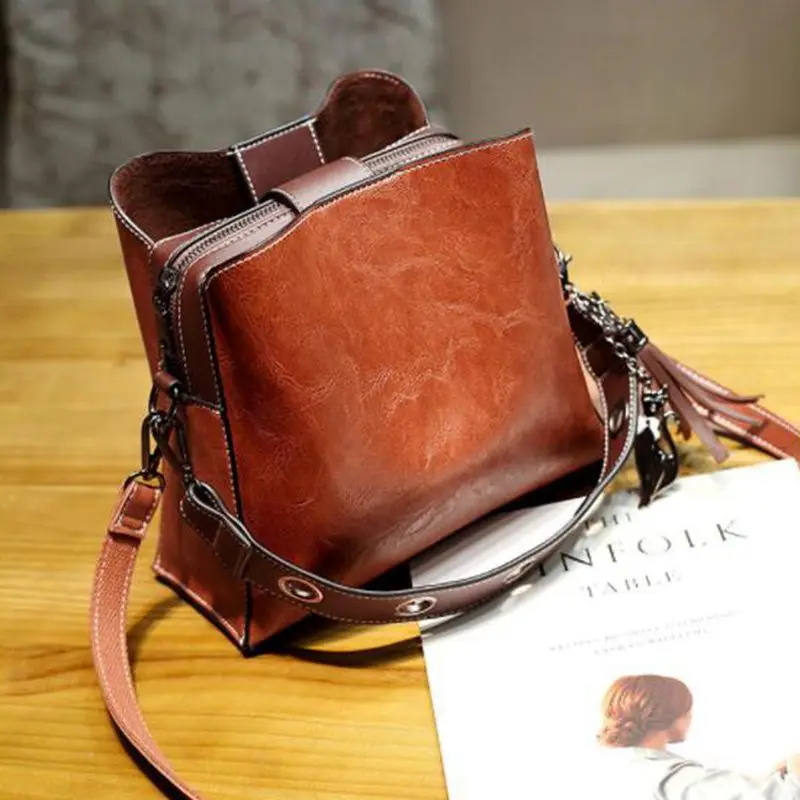 

2019 Vintage PU Leather Luxury Bucket Handbags Women Messenger Bag Famous Brand Shoulder Bags Designer Female Pochette Tote