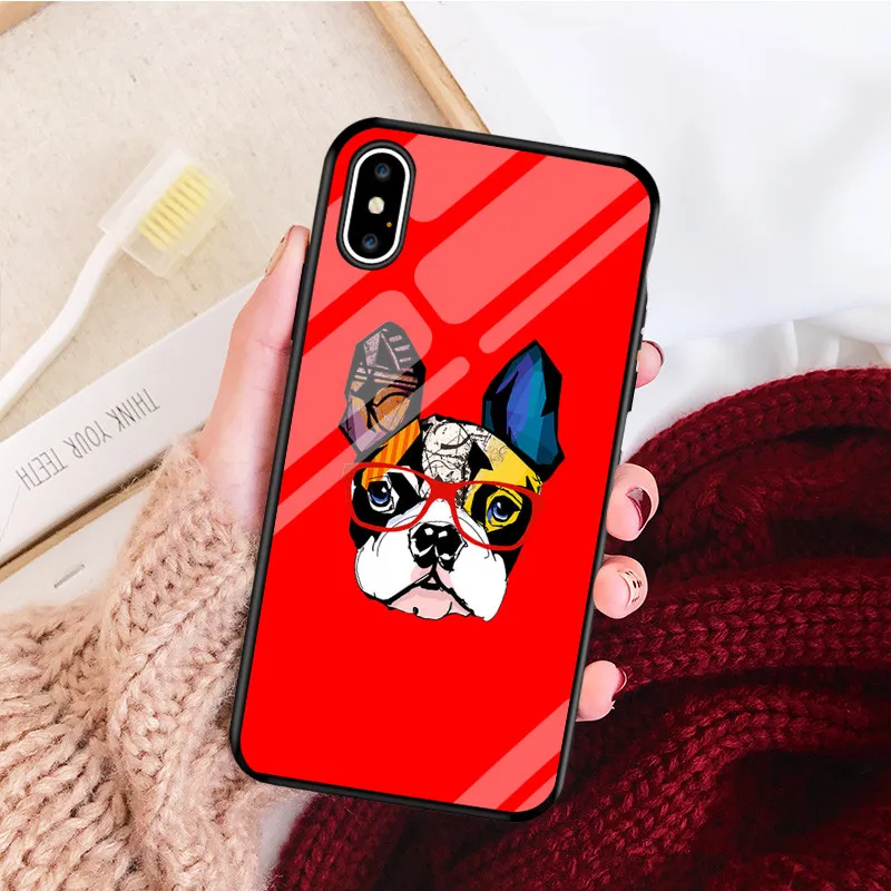 Чехол для телефона с мультяшным французским бульдогом для iPhone 7 X XS MAX XR 8 6 6s Plus, жесткая задняя крышка из закаленного стекла с принтом собаки