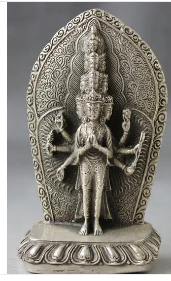 

HANDWORK UNIQUE SILVER COPPER ELEPHANT 5" Tibetan Buddhism Silver Stand 1000 Arms Avalokiteshvara of Goddess Statue