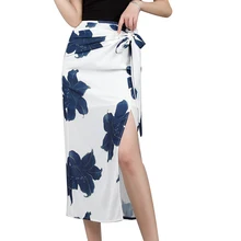 Женская элегантная летняя Новая Винтажная Женская юбка с принтом, высокая талия, со шнуровкой, с разрезом сбоку, тонкая шифоновая юбка миди