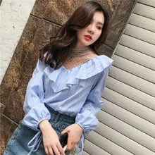 Весна, Новое поступление, Корейская стильная шифоновая блузка с длинным рукавом и кружевами, милые женские рубашки с оборками
