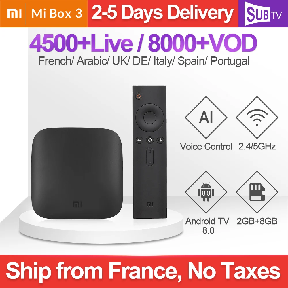 

4K IPTV France Xiaomi MI BOX 3 Android TV 8.0 WIFI BT H.265 Xiaomi TV Box 1 Year SUBTV IPTV French Belgium Portugal Arabic IP TV