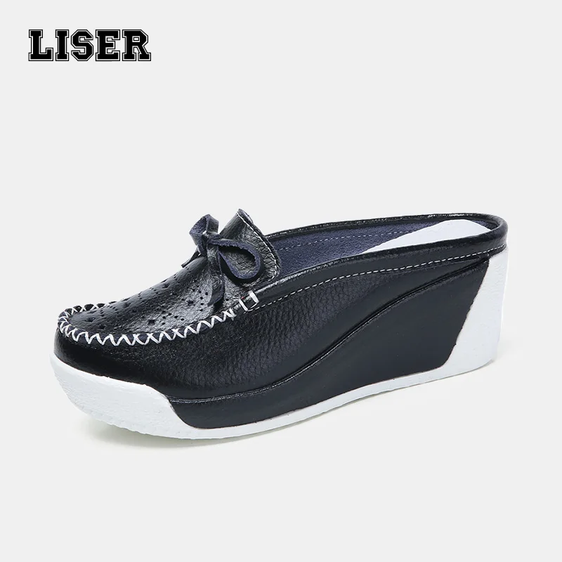 

fashion designer slides women 2019 cow leather high wedges shoes slip on mules cover toe knot cute platform slippers for ladies