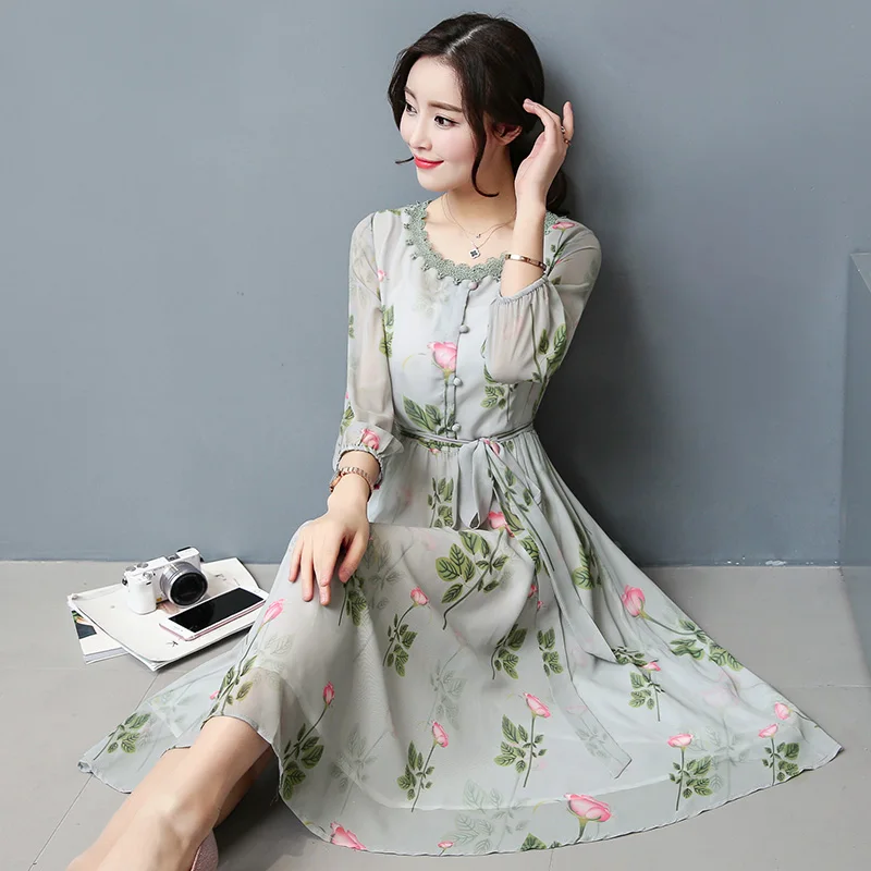 

2019 Summer New Arival Round Collar Plus Size 3-XXXL Flower Printed Three-quarter Sleeve Woman Chiffon Dress