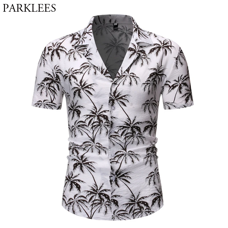 

Summer Beach Hawaiian Shirt Men Short Sleeve White Tropical Palm tree Print Button Down Shirts Mens Holiday Party Chemise Homme