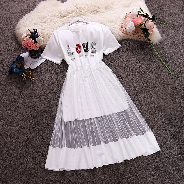 

Amolapha Women Summer Gauze Beading Letter Pattern Mesh Patchwork High Wasit Dress Loose Casual Dress Vestidos