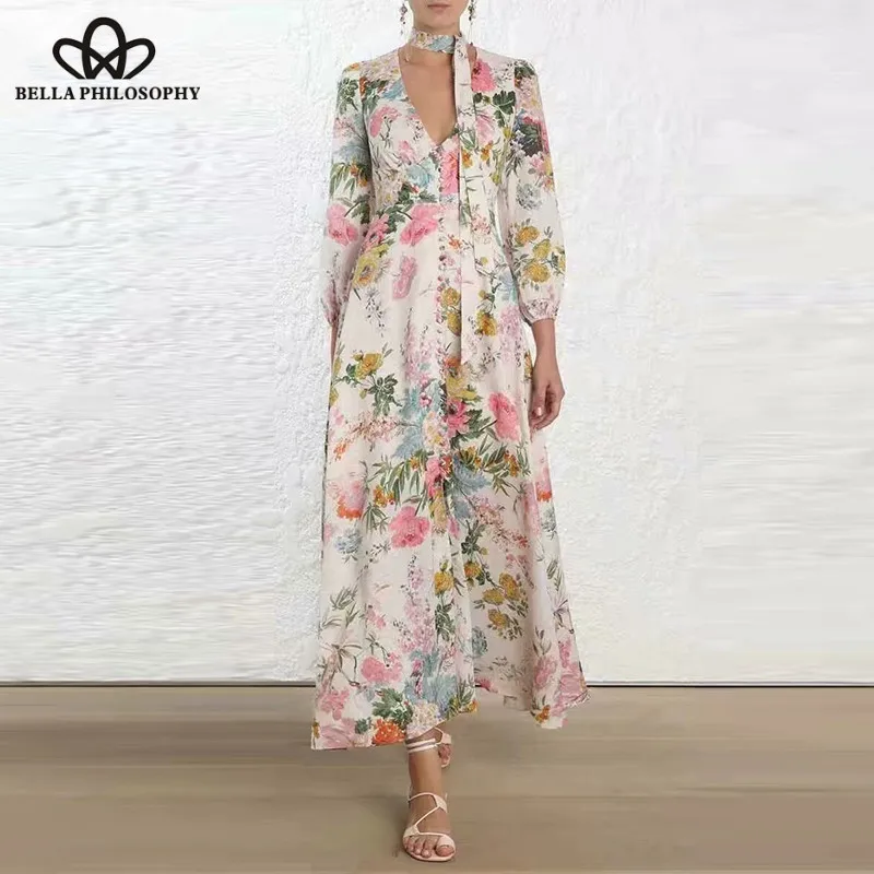 2019NEW Long Sleeve Sexy Boho Dress Vintage Print Floral Female Lace-Up Dress Casual Holiday Lady Loose Sweet Beach Dress Wonder