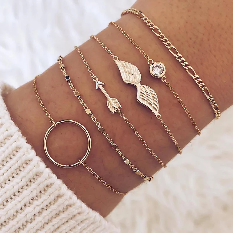 

6 Pcs/ Set Retro Arrow Wings Round Bead Crystal Chain Gold Bracelet Women Fashion Party Multilayer Bracelet Set Combination
