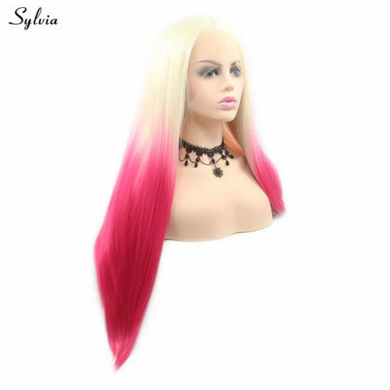 Sylvia безупречная линия волос Блонд Персик Красный синтетический парик фронта шнурка шелковистые прямые Ombre розовый парик для женщин Drag парик Макияж Косплей