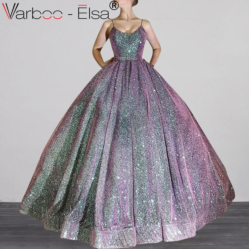 

VARBOO_ELSA Ball Gown Dubai Arab Evening Dress 2019 Shiny Sequined Spaghetti Strap Long Prom Dresses Party Gown Robe De Soiree