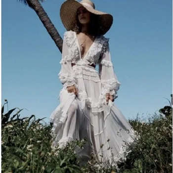 

Elegant Sexy V-neck Backless Cutout Lacing Fashion Ladies White Chiffon Long Dresses Summer Women long sleeves ruffles dress