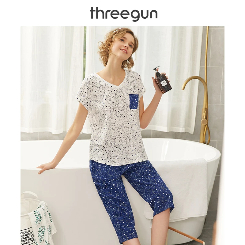 

THREEGUN 2019 New Print Pajama Set Women Casual Summer Short Sleeve Nightwear Cartoon Pajama Sets Pijama Mujer