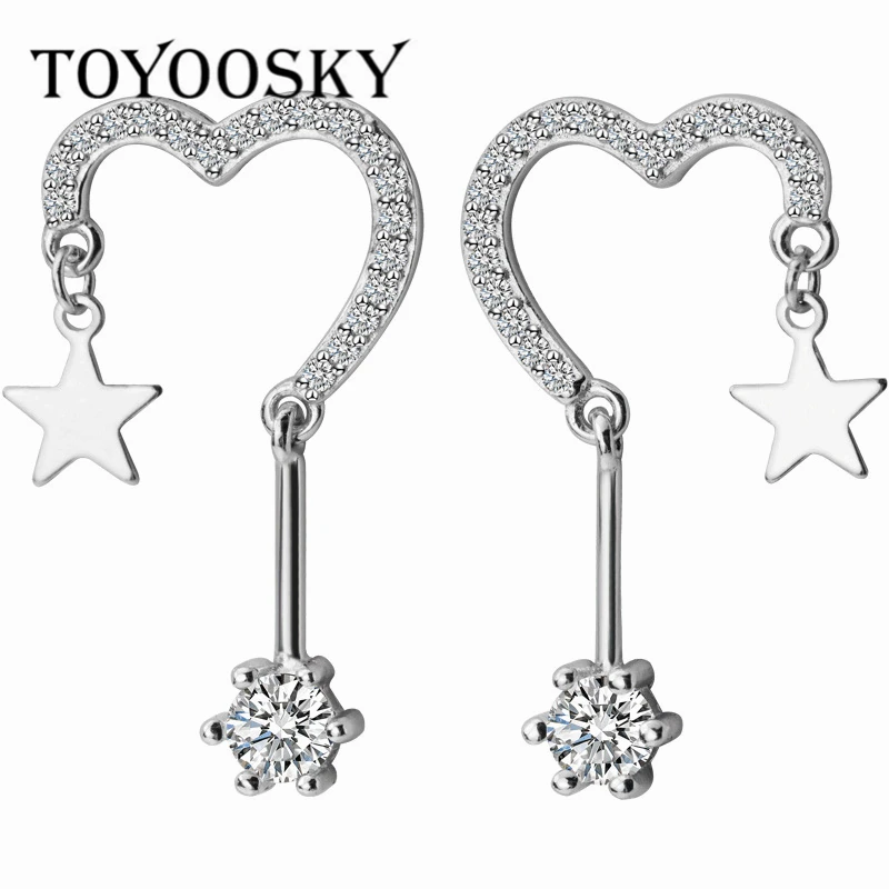 

2019 Fashion Design Jewelry Shiny Crystal Star Heart 925 Sterling Silver Long Earrings with Zircon Beads Friendship Gift Teen