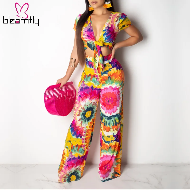 

Summer Boho Printed Rompers Womens Jumpsuit V-neck Short Sleeve One Piece Long Playsuit Vintage Wide Leg Party Overalls Outfit