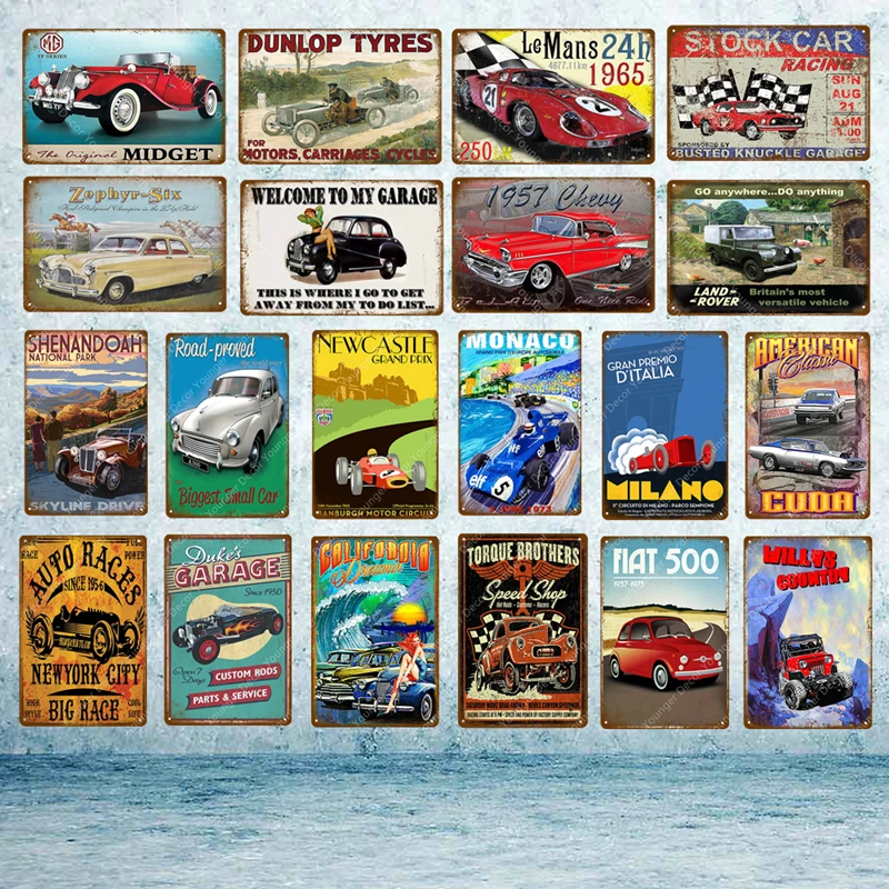 

Classic Auto Races Car Metal License Plate Tin Signs Vintage Poster Wall Art Painting Decorative Plaque Bar Pub Garage Decor