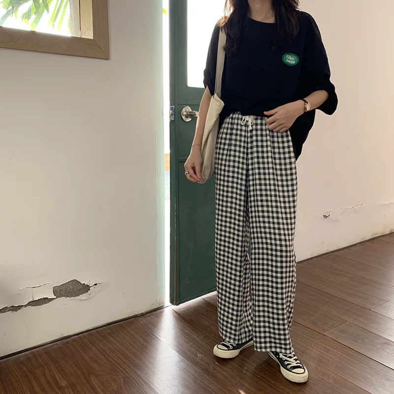 Summer Plaid Straight Trousers Women Casual Full Length Drawstring Loose Korean Pants High Waist Women Clothes 2019 new 89387 Summer Plaid Straight Trousers Women Casual Full Length Drawstring Loose Korean Pants High Waist Women Clothes 2019 new 89387