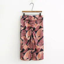 Летняя повседневная юбка в складку для женщин атласная коричневая с рисунком листьев, сексуальная с высоким разрезом, новая модная уличная одежда, миди юбки для женщин