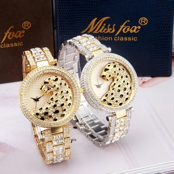

Miss Fox Hot Leopard Women Watch Luxury Rhinestone Ladies Dress Watches Fashion Casual Quartz Wristwatch Bracelet Clock for Gift