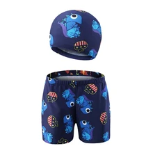 Летние плавательные пляжные шорты+ набор крышек для маленьких мальчиков с рисунками зверей из мультфильмов чемоданы с принтами; детская шапка; аксессуары для спортивной одежды для От 3 до 11 лет