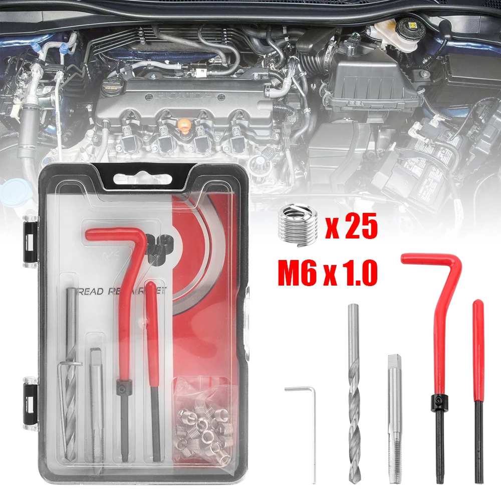 

M6X1.0 Thread Repair Kit Helical Coil Threaded Insert Set Auto Car Engine Block Restoring Damaged Thread Repair Tool