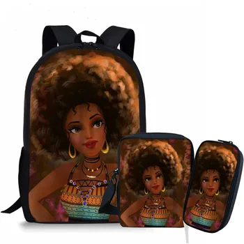 

THIKIN 3PCS/Set Afro Black African Girls Woman School Backpack Teenager Kids School Bag Set Students Bookbag Rucksack Moclila