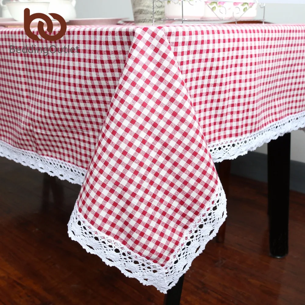 

BeddingOutlet Tablecloth Plaid Brown Pink Table Cover Lace Edge Dining Cotton Linen Table Cloth High Quality Home Decoration