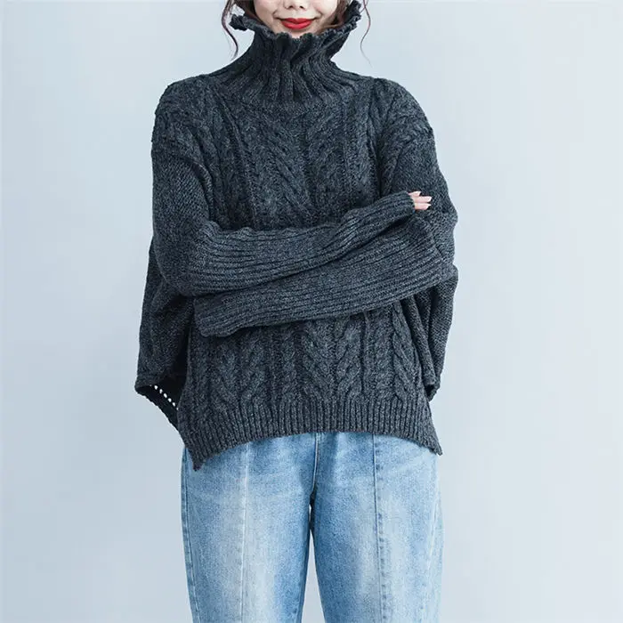 Большой размер, Женский пуловер, водолазка, свитер, твист, Осень-зима, однотонный, свободный, вязаный, облегающий свитер, Blusa f1295 - Цвет: dark gray