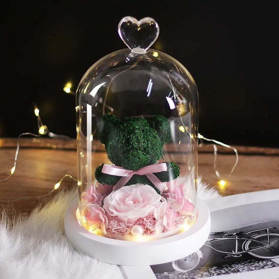 Новинка, плюшевый мишка, розы, цветы для дома, свадьбы, фестиваля, светодиодный, стеклянное свадебное украшение, Рождественская Подарочная коробка, сушеные цветы - Color: green