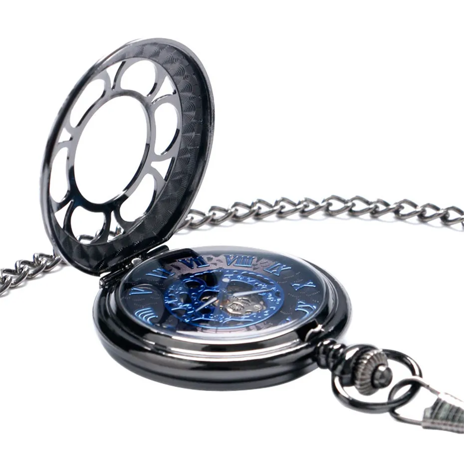 YISUYA Luxury Steampunk Hollow Skeleton Mechanical Pocket Watch Roman Numerals Dial Vintage Fob Chain Pendant Clock Men Women Gifts (5)