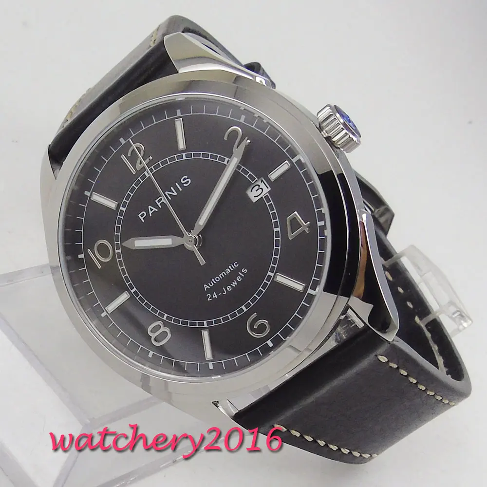 

42MM PARNIS 24 jewels Japanese Miyota NH35 automatic Self-Wind Mechanical watches Black dial Sapphire Crystal men's Wristwatches