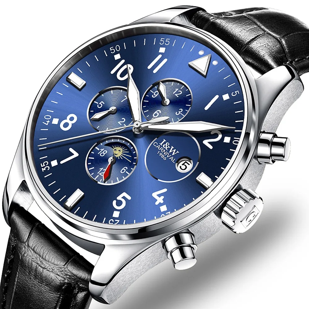 

Carnival Watch Men Moon Phaes Automatic Mechanical Luminous Stainless Steel Waterproof multifunction Leather Brown Watches