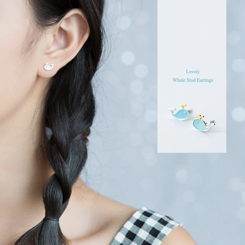 mebake 100% S925 Sterling Silver Blue Lovely Whale Stud EarringsMarine Animal Jewelry