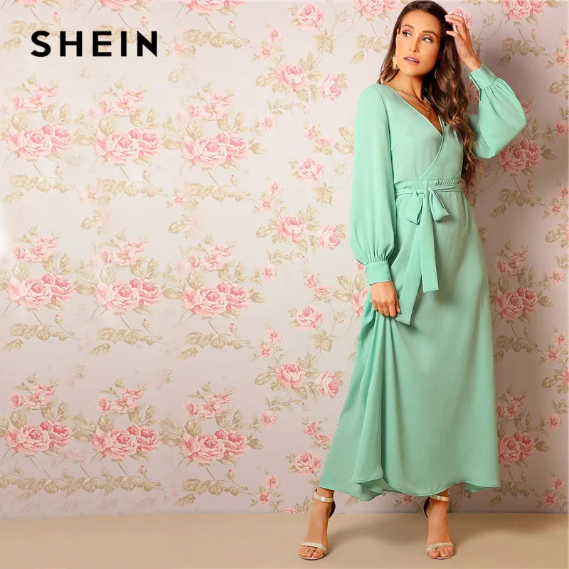 SHEIN Длинное Платье На Запах С Глубоким V-Образным Вырезом, Легкое Летнее Платье С Поясом И Длинными Рукавами