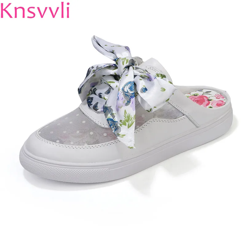

Knsvvli Mesh Breathable Openwork Flower Color Bow Tie Casual Shoes Woman Summer Round Toe Flats Wrap Toe Slippers Women's