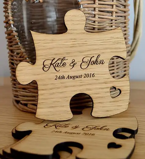 

Personalised Wooden rustic wedding Jigsaw Puzzle birthday table Coaster Favours -custom Keepsake Favour for Guests place cards